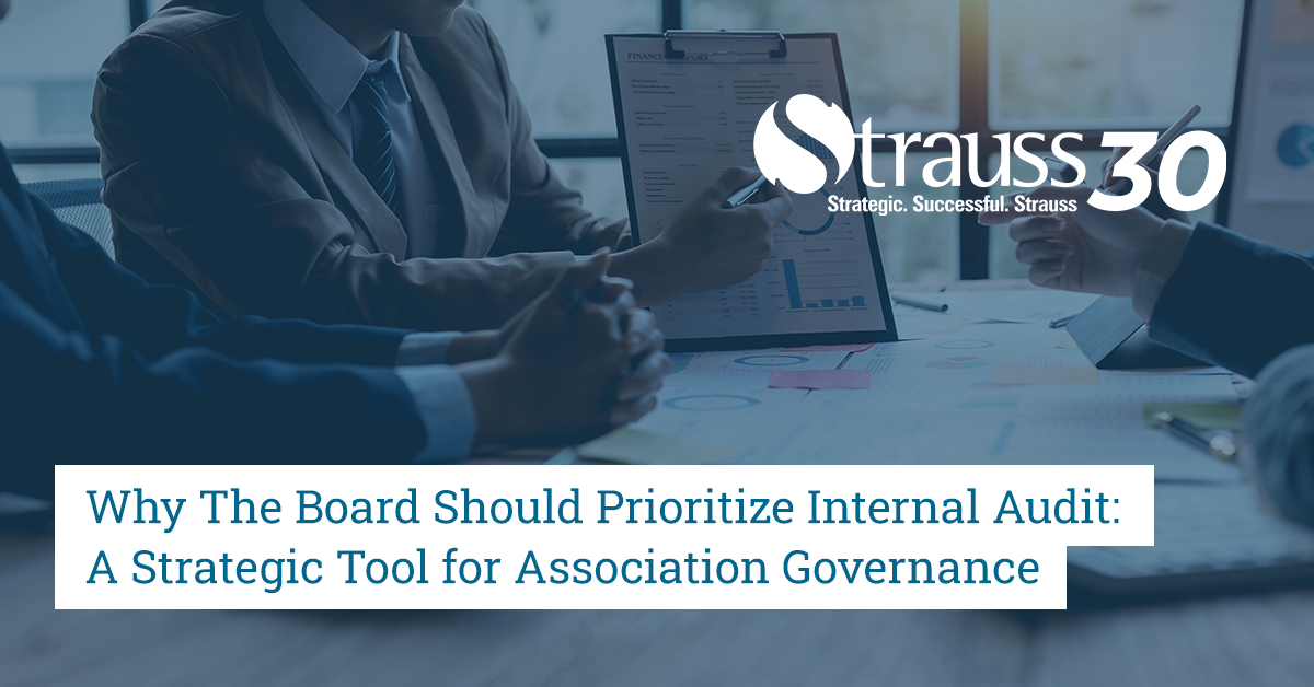 Association board members reviewing financial reports and audit documents during a governance meeting focused on internal audit and risk management